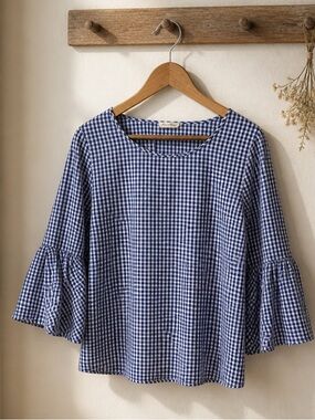 Jane & Delancey XL Blue Gingham Bell Sleeve Cotton Peasant Blouse Cottagecore